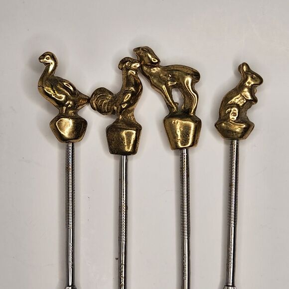 Vintage Rostfrei Skewers 3D Brass Animal Stainless Steel Whimsical Set 4 - Picture 1 of 4